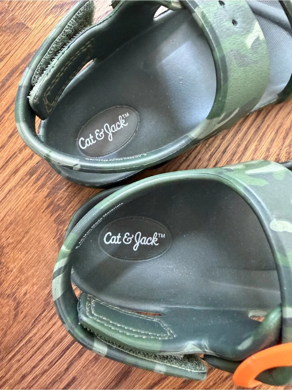 Cat & Jack Green Camo Sandals with Orange Buckles, toddler size 8